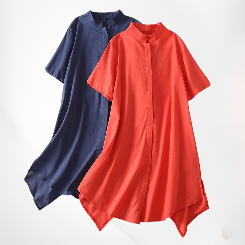 Damen Sommer Hemd 2025, Einfarbig, Locker, Stehkragen, Kurzarm, Mittellang #2606