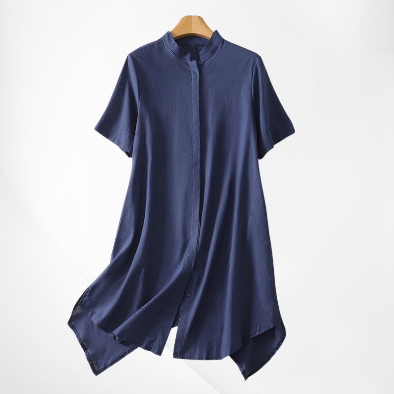 Damen Sommer Hemd 2025, Einfarbig, Locker, Stehkragen, Kurzarm, Mittellang #2606