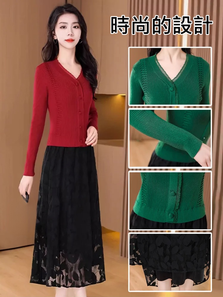 假兩件針織羊絨拼接洋裝