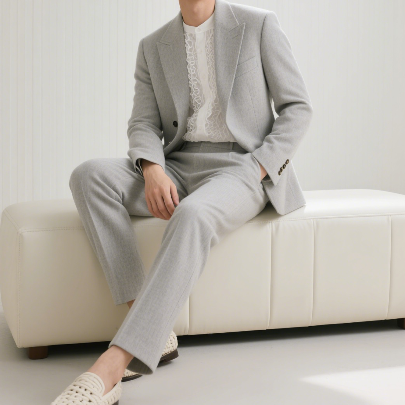 ビジネススリムフィットしわ防止ストレッチウールブレンドスーツ