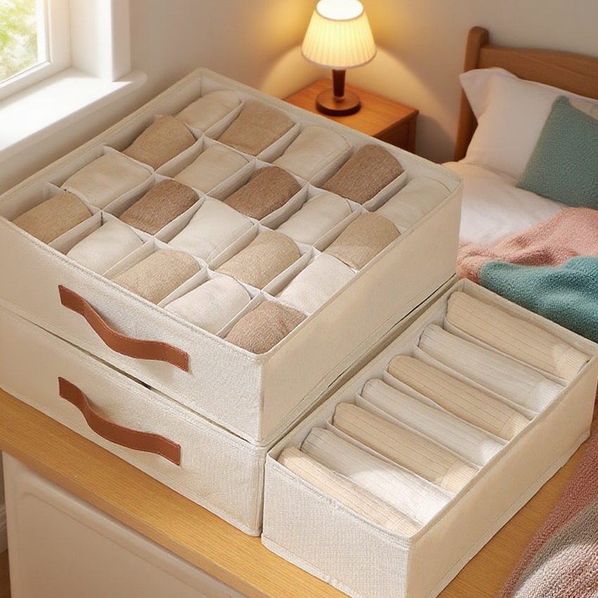 靴下や小物を種類別に分けて収納する様子