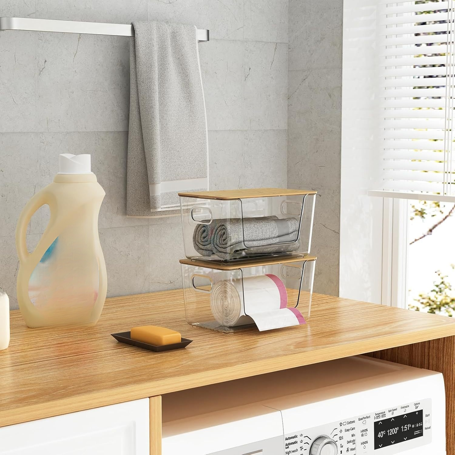 大容量の竹製カバーPET収納ボックスデスクトップ多層収納ラック透明大型多機能家庭用収納ボックス