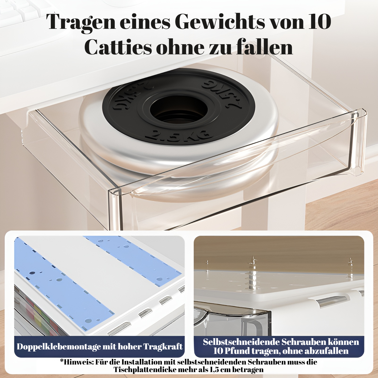 Die Schublade unter dem Tisch verfügt über einen Balken, der ohne Nägel oder Stanzen angehoben werde