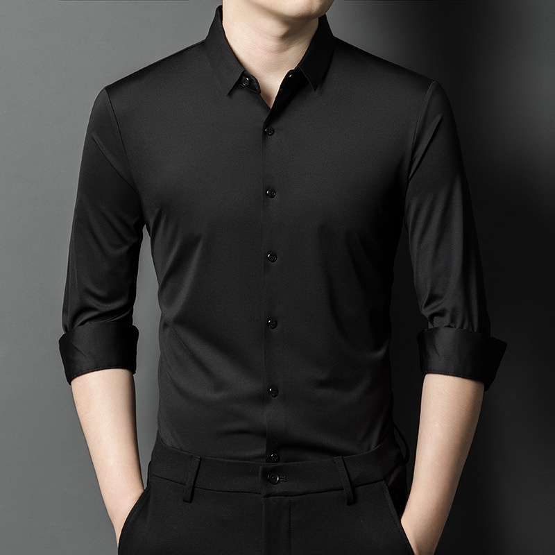 ノーアイロン 抗菌防臭 涼感長袖シャツ 無地 ドレープ感 快適 レギュラーカラー