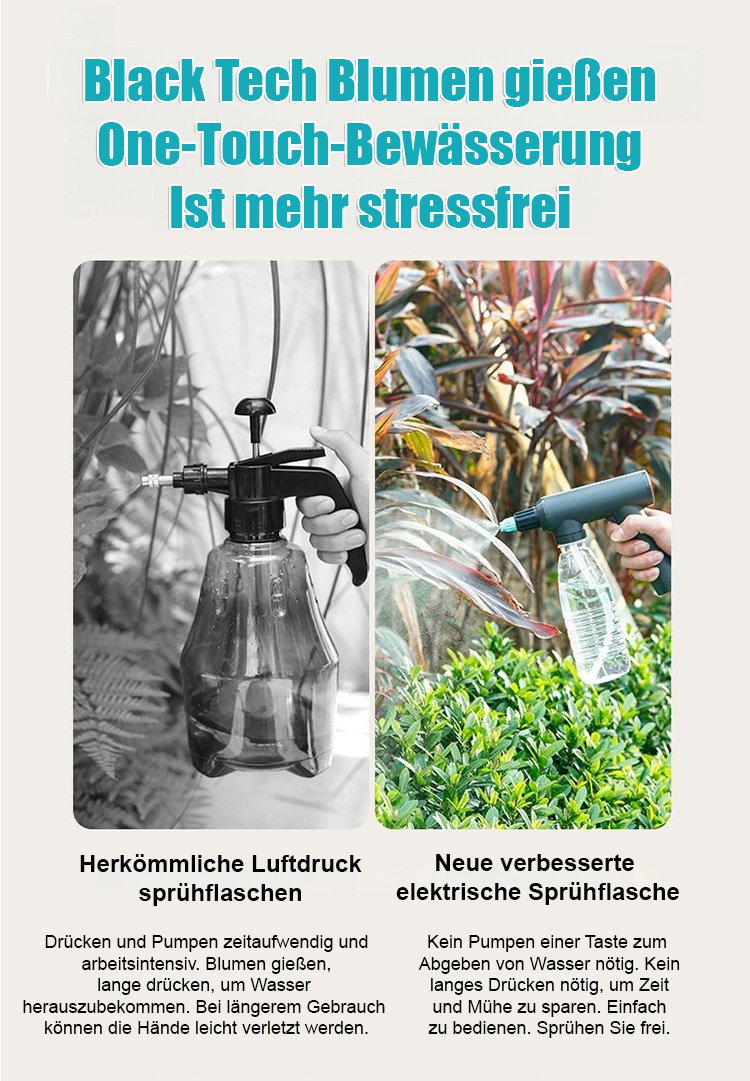 Elektrischer Wassersprüher beim Besprühen von Blumen