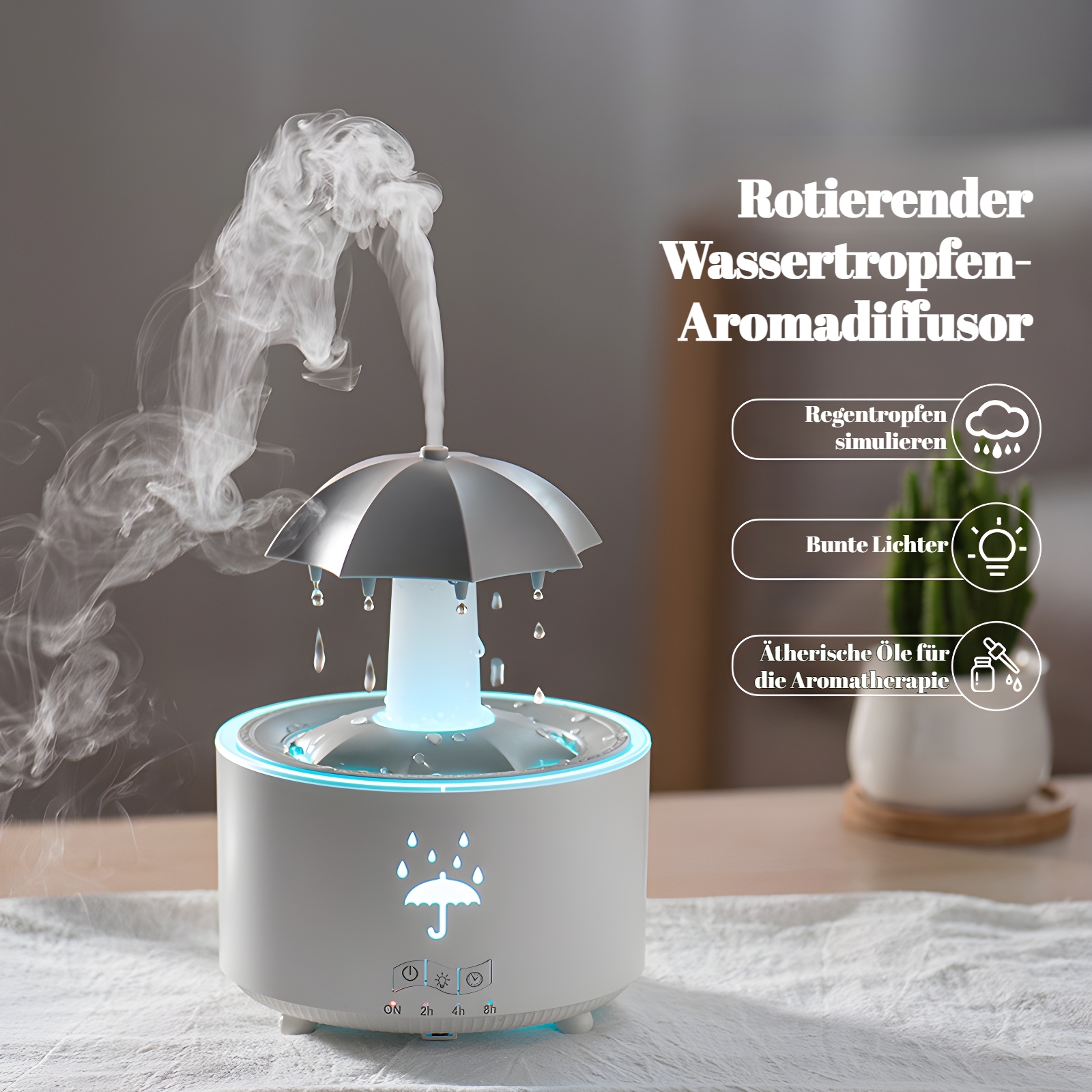 Rotierende Regentropfen Aromatherapie Maschine auf dem Schreibtisch