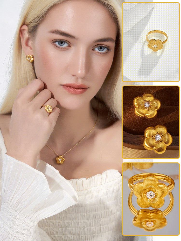 مجموعة مجوهرات فاخرة مرصعة بالألماس ومزينة بزهور ذهبية