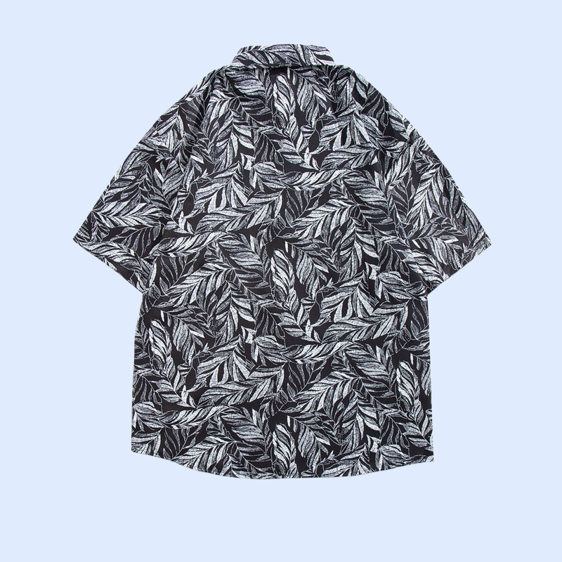 2025 여름 남녀공용 한류 나뭇잎 프린트 루즈핏 반팔 셔츠, 해변용 플라워 셔츠