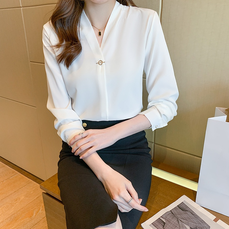 여성 화이트 긴팔 작업복 브이넥 긴팔 셔츠 패션 기질 정장 화이트 셔츠 여