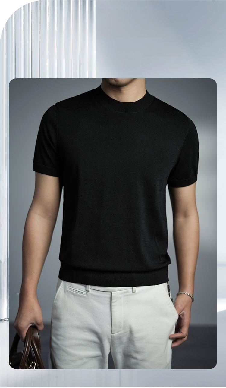 インポート糸使用の高級メンズニットTシャツ正面画像