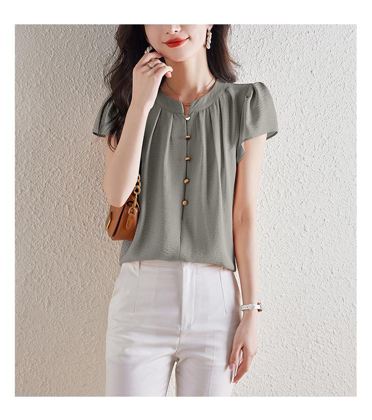 여성 통근 반팔 셔츠 슬림 라운드 반팔 셔츠 통근녀 반팔 셔츠