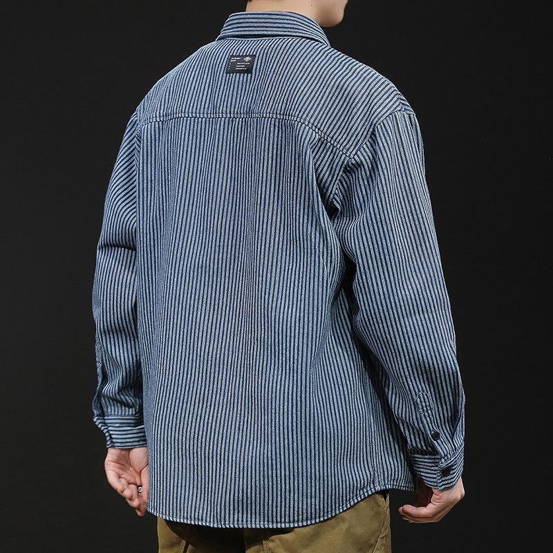 남자 스트라이프 아우터 셔츠 캐주얼 상의 데님 셔츠 긴팔 남자 셔츠