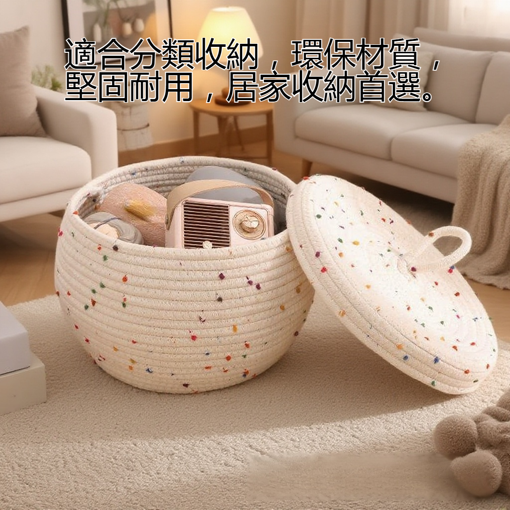 圓形編織帶蓋收納筐