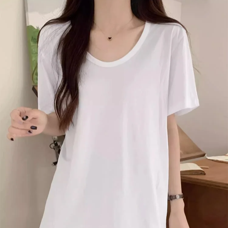 여 여름 루즈핏 순면 반팔 티셔츠 캐주얼 상의 슬림 정견 반팔 브이넥 반팔 티셔츠