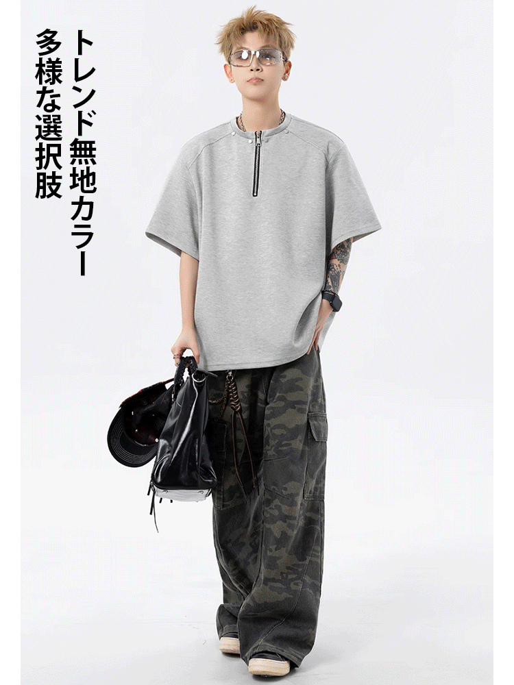 【ユニセックス】ハーフジップネックアメリカン風半袖Tシャツ
