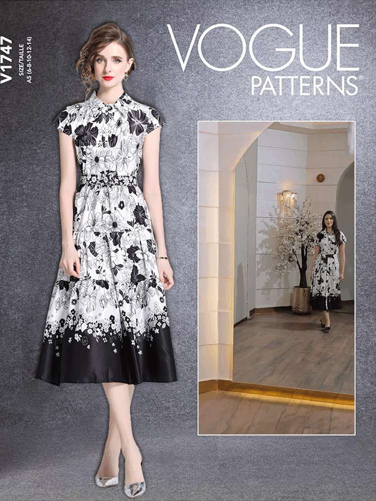 فستان طويل أنيق مزين بنقش زهور بديعة ذو خصر ضيق وتنورة بقصة على شكل حرف A