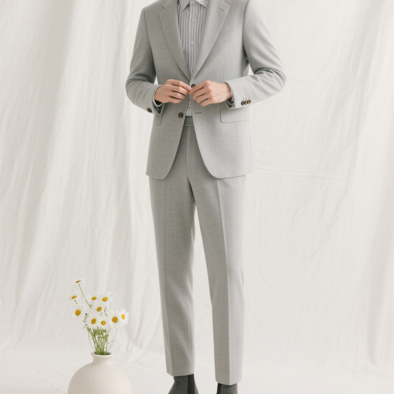 비즈니스 슬림핏 주름 방지 스트레치 울 블렌드 슈트 전체 모습