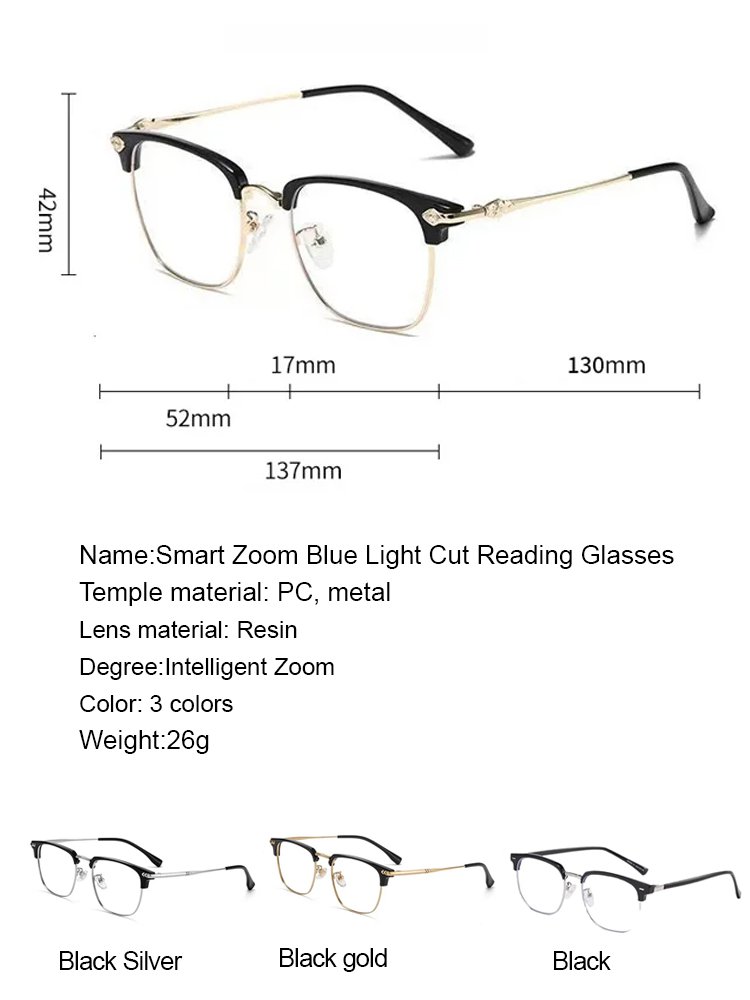 Automatic zoom blue light blocking reading glasses