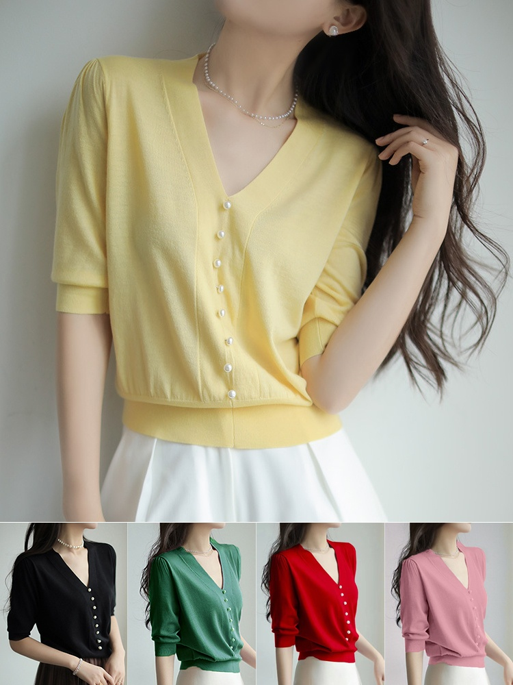 パール付きVネック5分袖サマーニット