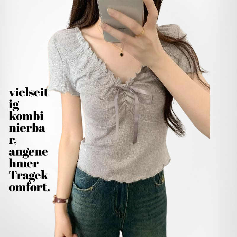 Kurzärmeliges Slim-Fit-Croptop mit Spitzen- und Rüschenverzierung für Frühling und Sommer