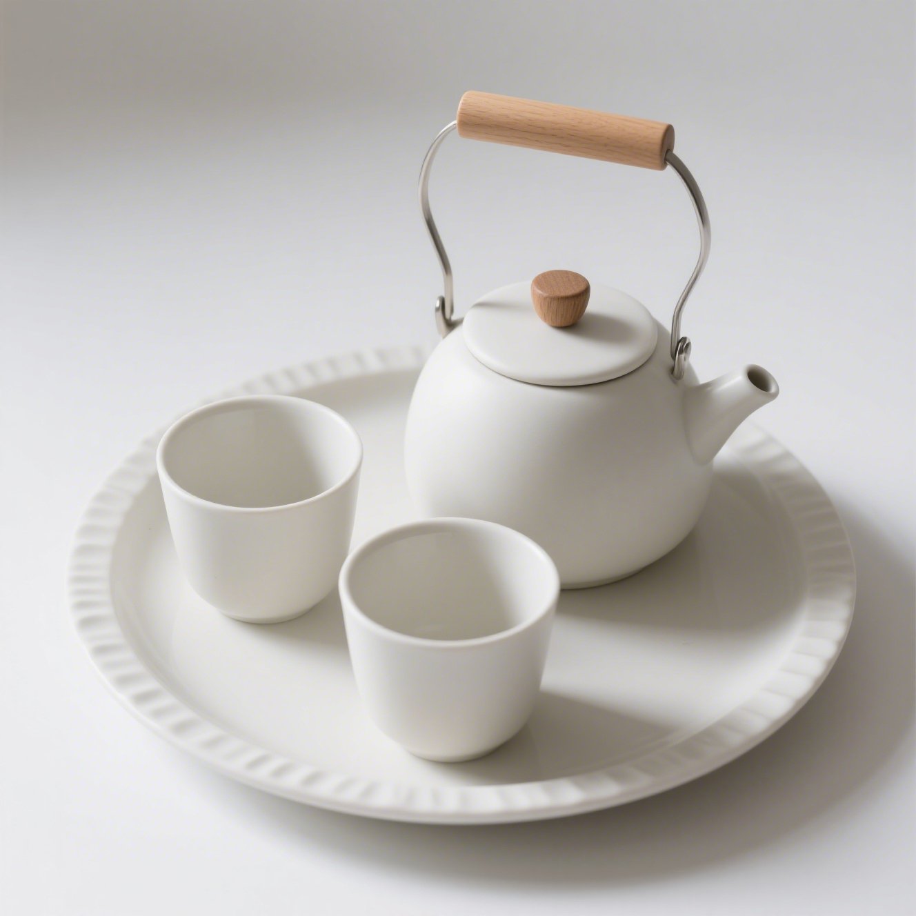 Čistě bílý porcelánový set konvice, šálek a talíř na stole