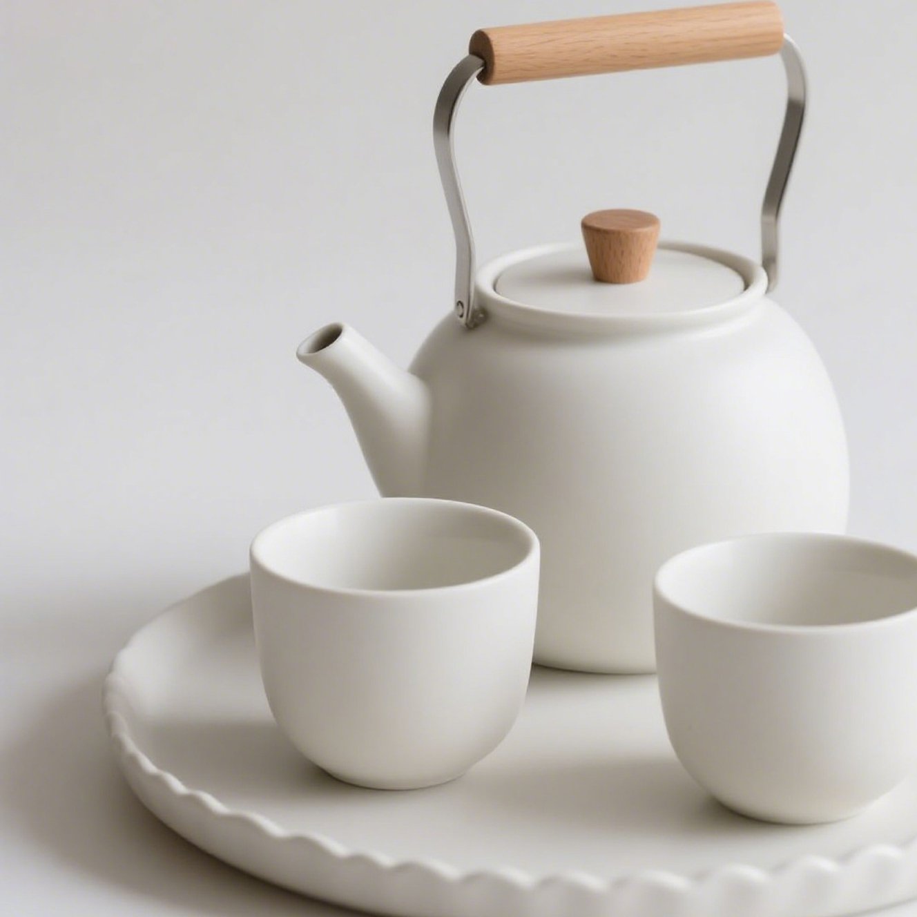 Porcelánový šálek a talířek v minimalistickém stylu