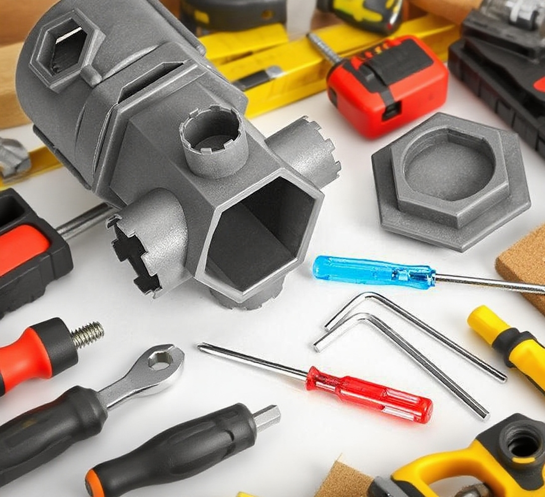 수도꼭지 탈착 작업 중 멀티 렌치 활용 모습