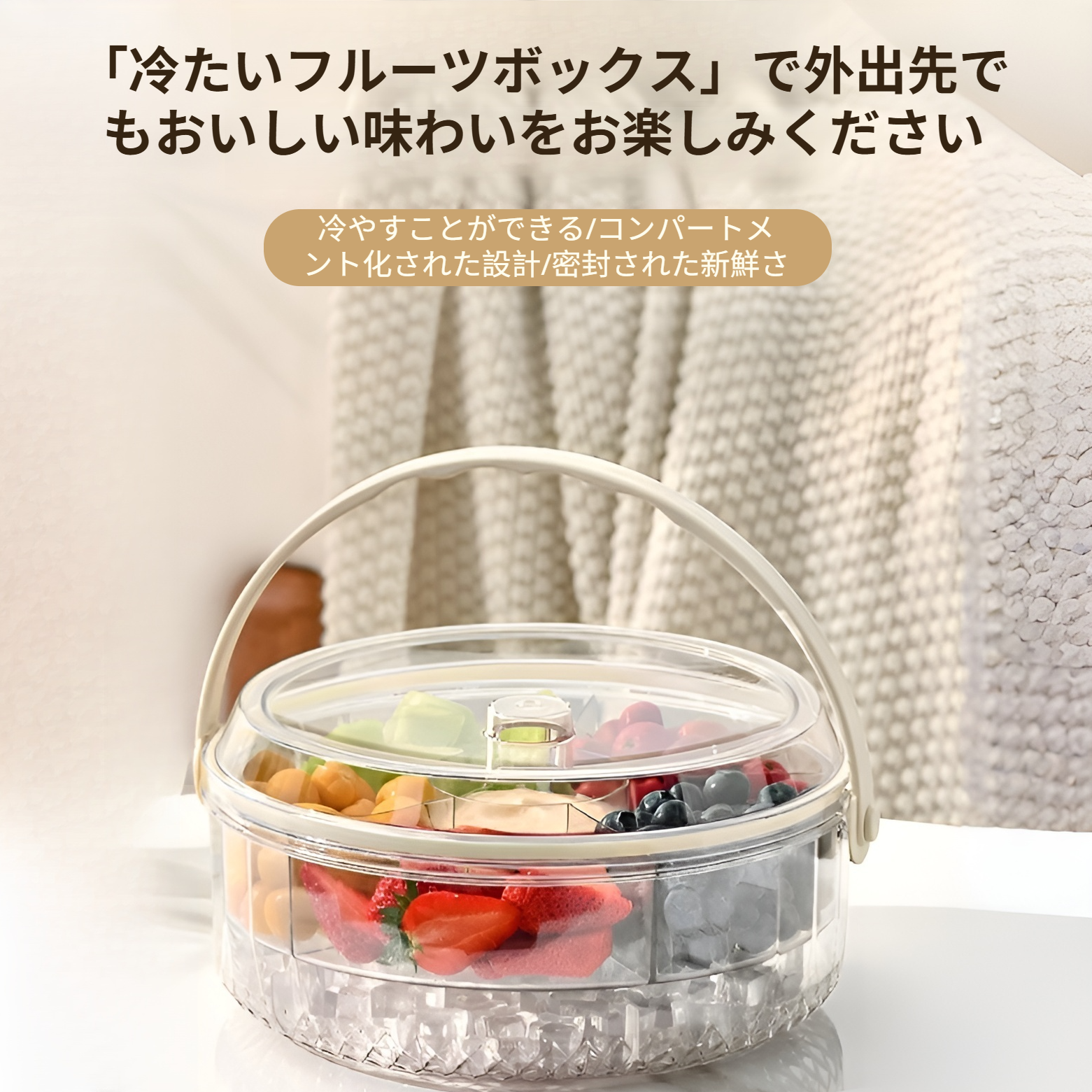 ハンドル付き5グリッド鮮度保持フルーツトレイ全体画像