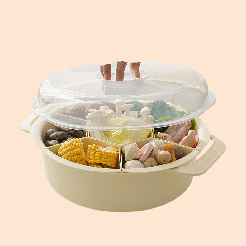 HQL-中国 蓋付き鍋排水バスケット 新鮮さを保つ キッチン 家庭用食器洗いトレイ 野菜準備トレイ 収納 回転式鍋バスケット