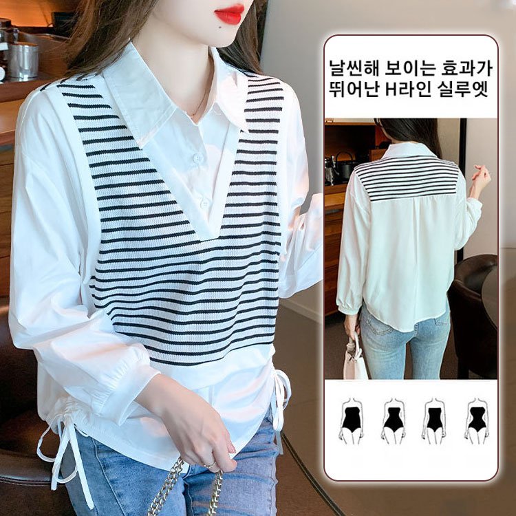 날씬해 보이는 스트라이프 셔츠 여 가을 휴가 투피스 긴팔 셔츠 예쁜 니트 쉬폰 상의 작은 셔츠 스트라이프 여 셔츠 상의