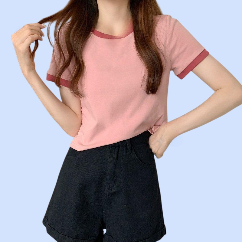 여성 슬림핏 컬러 라운드 반팔