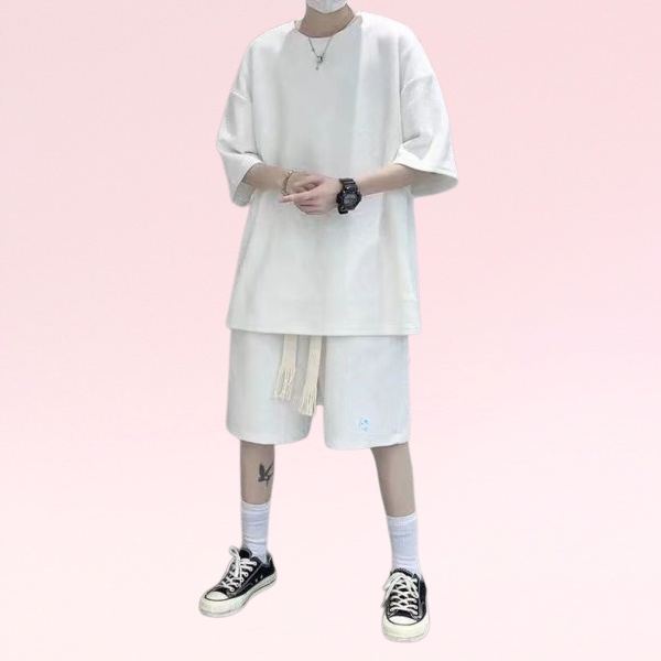 メンズカジュアルスーツ夏ユーストレンド半袖韓国風ルーズショートパンツスポーツハンサムツーピーススーツ