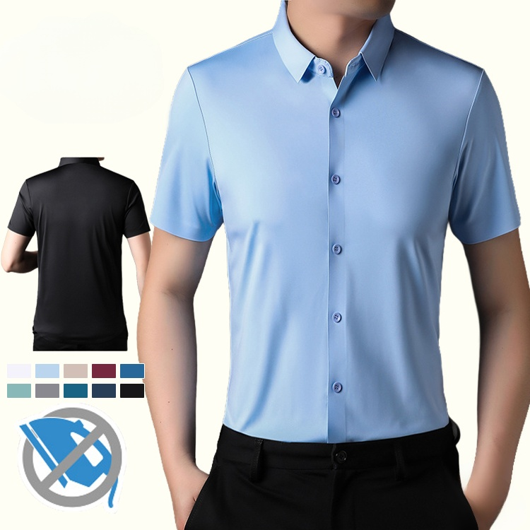 アイスシルク シワになりにくい半袖シャツ メンズ、 ビジカジ系ドレープ感冷感シャツ、 夏用 薄手 中年男性向け  