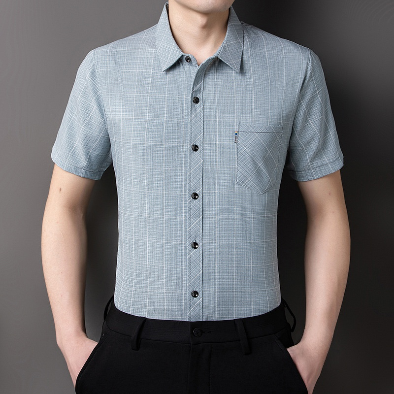 チェック柄綿麻メンズシャツ