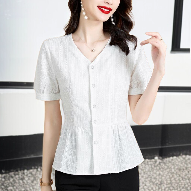 여름 신상 패셔너블하게 배를 가리는 중년 엄마 허리띠를 줄여 날씬해 보이는 블라우스녀