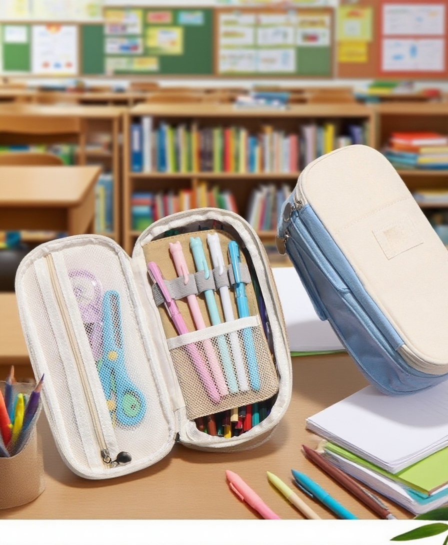 Barevné multifunkční pouzdro Highcolor na stole s pastelkami