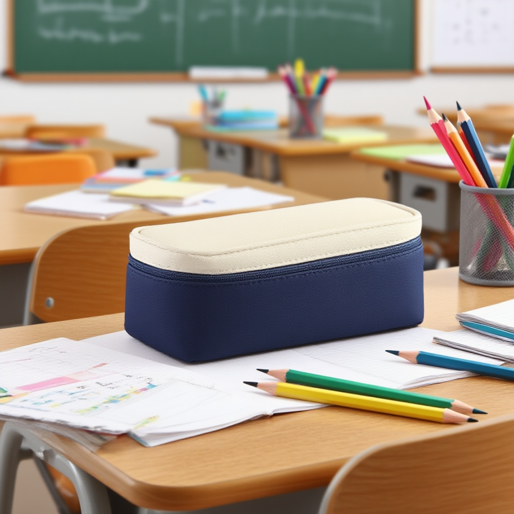 Pouzdro na pastelky Highcolor otevřené s uspořádanými školními potřebami