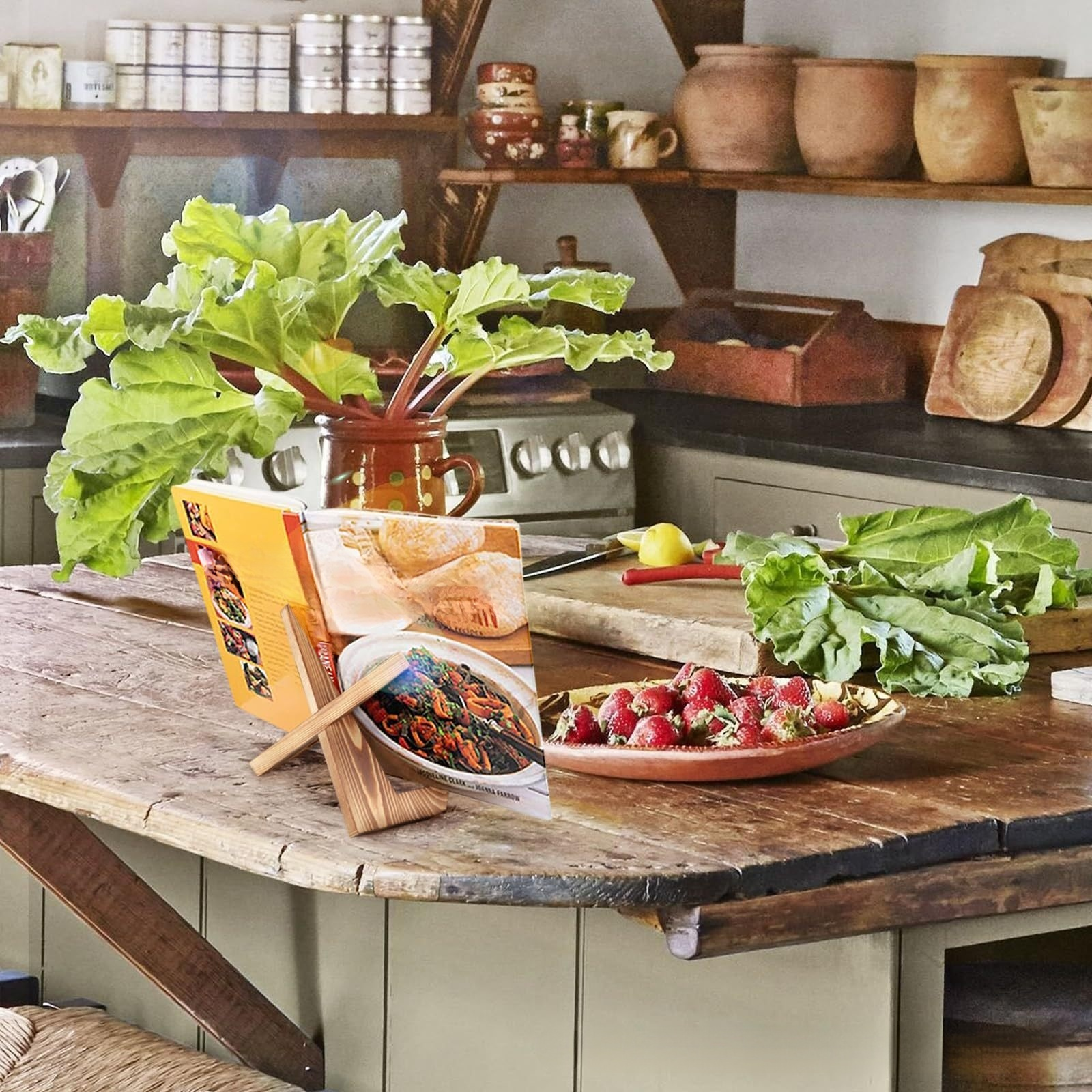 Multifunctional wooden rack displaying an iPad for cooking