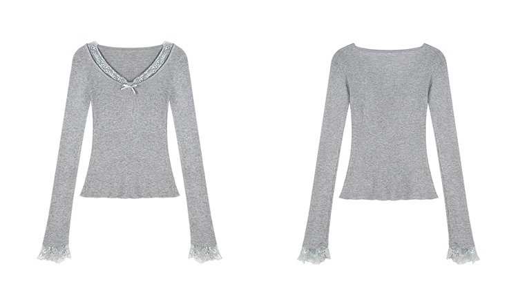 正面から見たレースコンビ長袖ニット