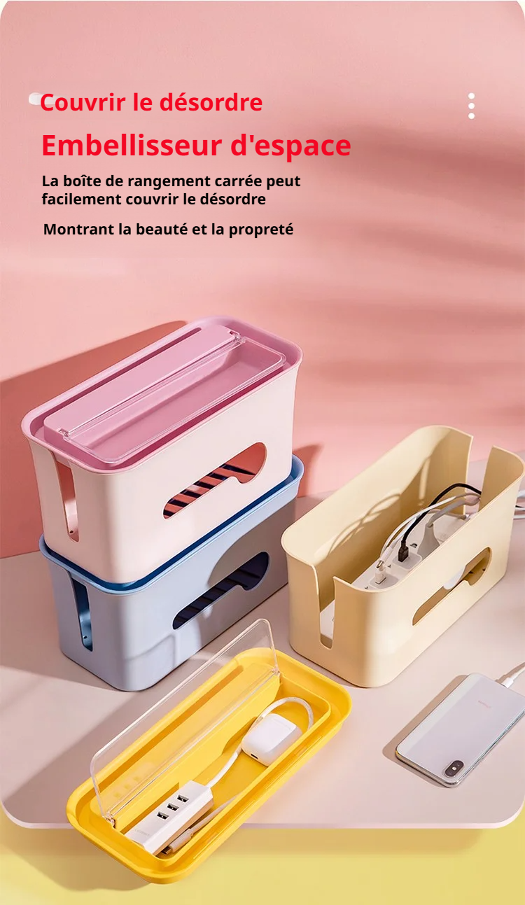 Vue intérieure de la boîte de rangement avec plusieurs câbles organisés