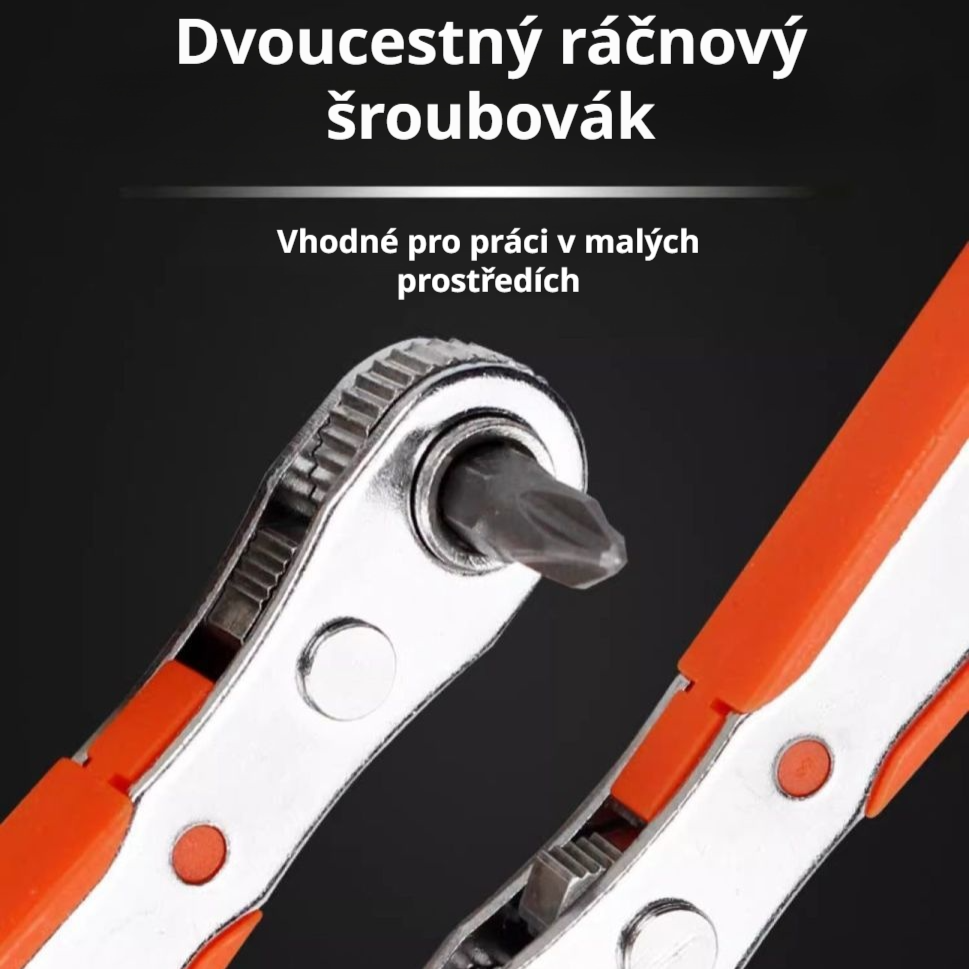 Oboustranná sada ráčnových klíčů s většími ozubenými koly, protiskluzovou rukojetí a malou mezerou
