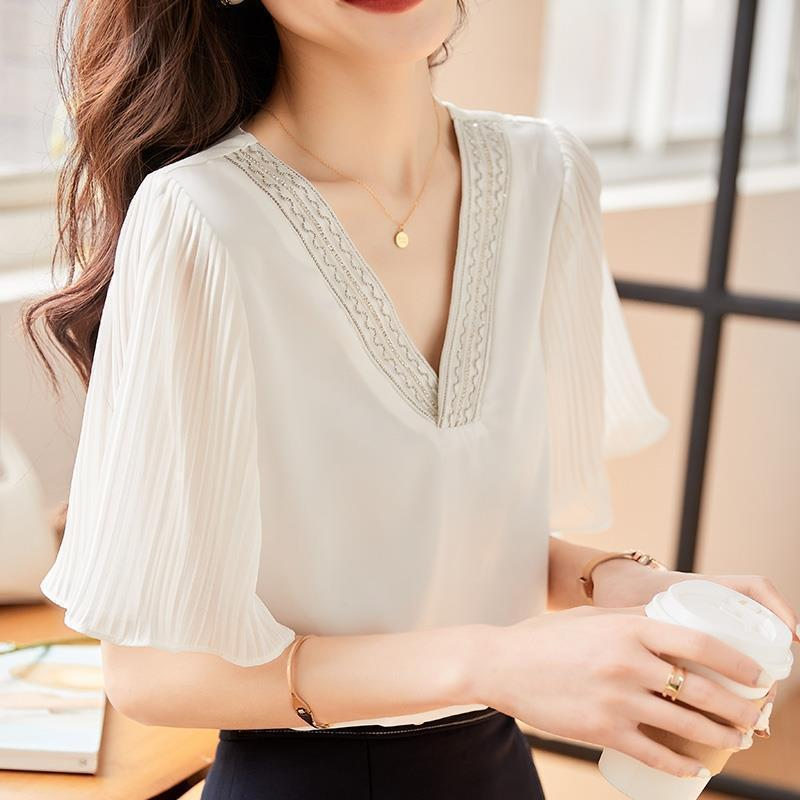 女性用ゆったり半袖シャツ お腹隠しホワイトブラウス 春夏用トップス