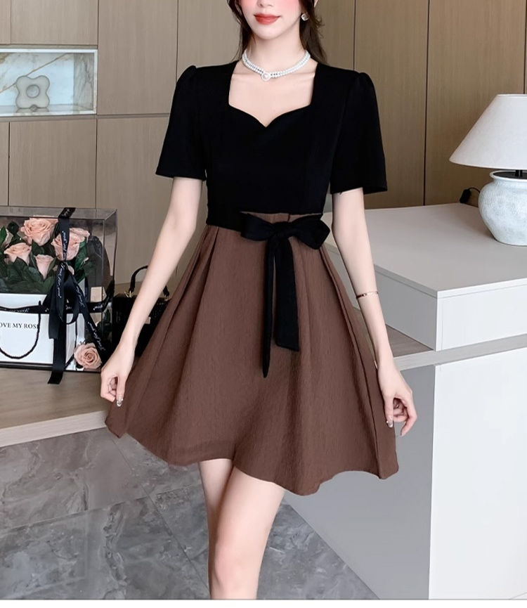 小柄女性向け夏用ヘップバーンスリムワンピース・ロングスカート風フェイクツーピース