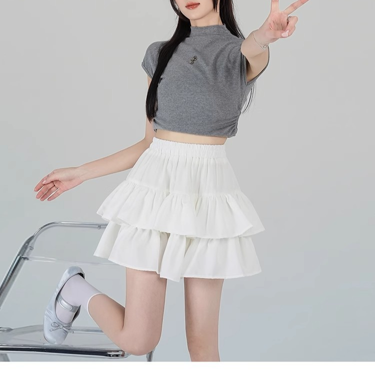 春夏小柄女性用ハイウエストフリルスカート スリム見えミディスカート ケーキスカート