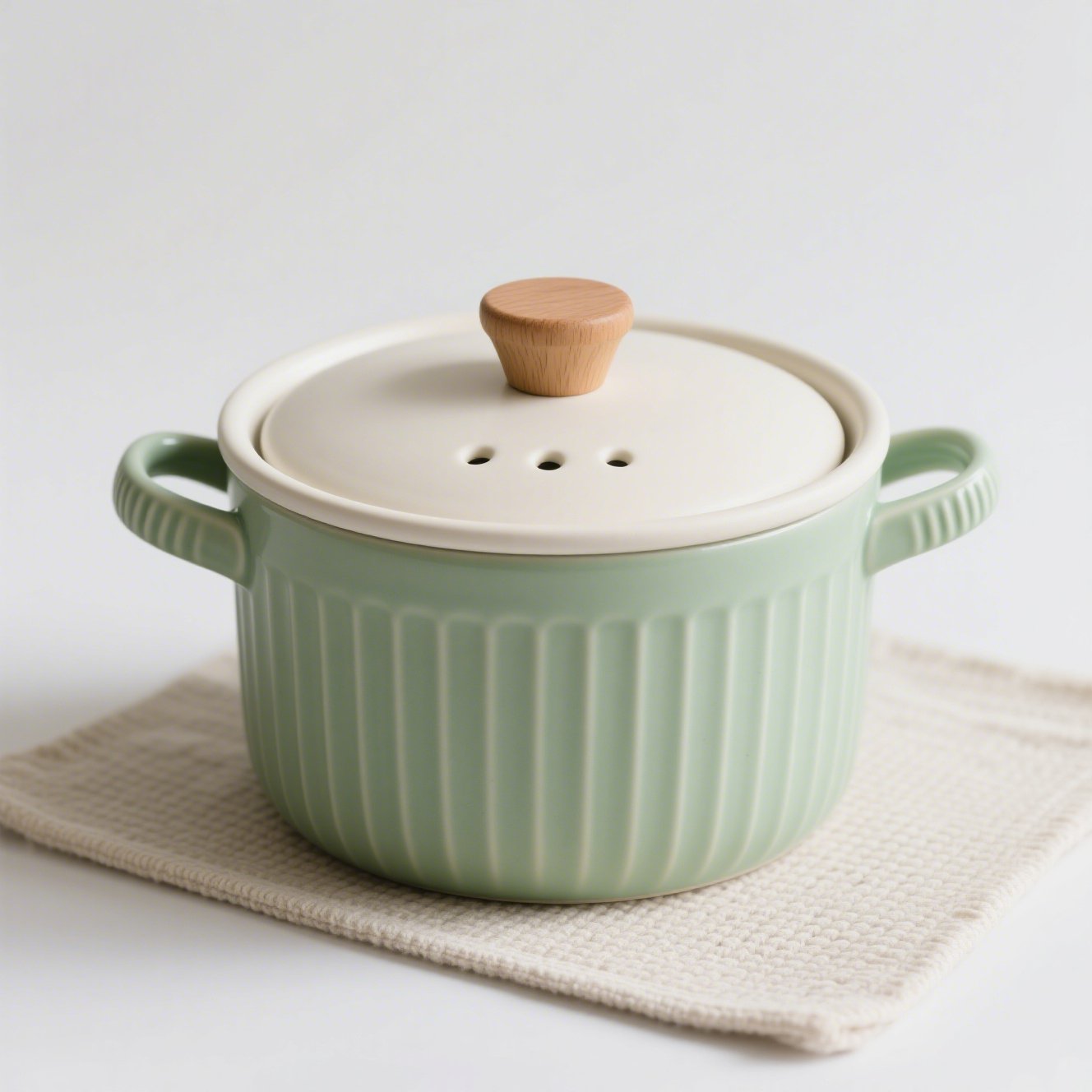 Keramik-Kochtopf im Creme-Stil auf Küchentisch