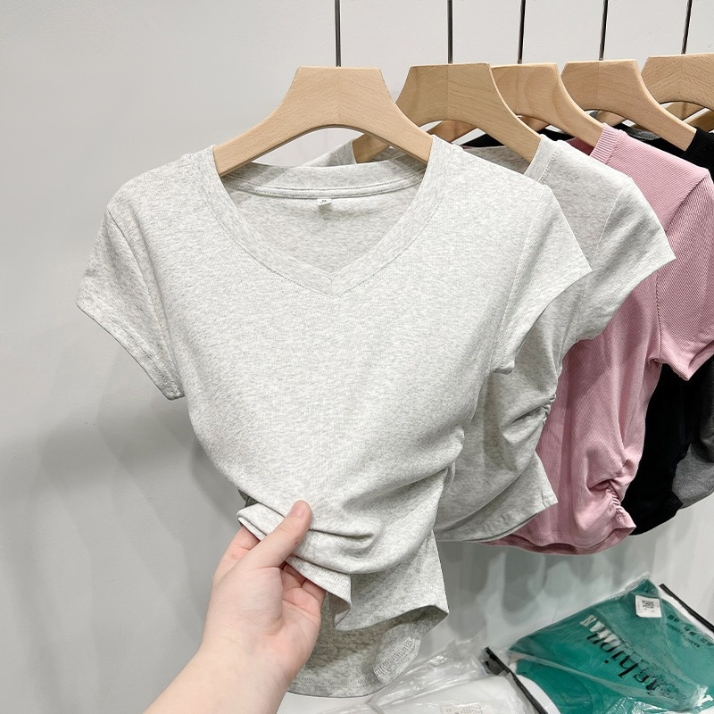 レディース半袖アイスシルクカラーボーンシックプリーツ半袖Tシャツトップス