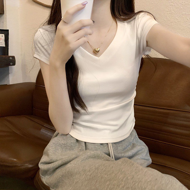 レディース半袖アイスシルクカラーボーンシックプリーツ半袖Tシャツトップス