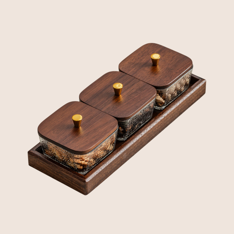 Kitchen Walnut Lid Glass Storage Box Set