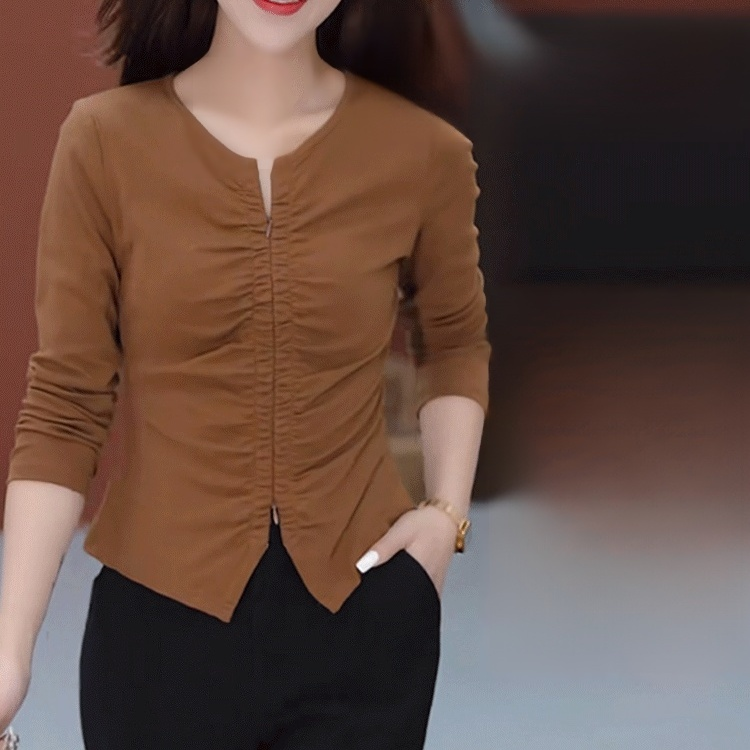 여성용 올매치 슬림핏 긴팔 주름 티셔츠