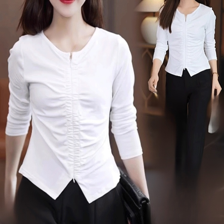 여성용 올매치 슬림핏 긴팔 주름 티셔츠